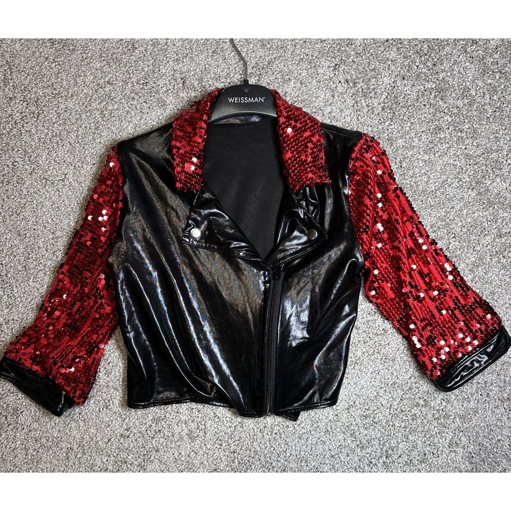 Weissman Large Child Dance Costume Jacket Black Red Sequin Moto Style 8699